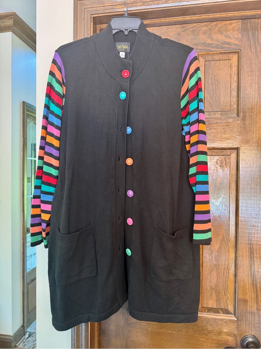 Bob Mackie Black Long Cardigan with Multicolor Striped Sleeves